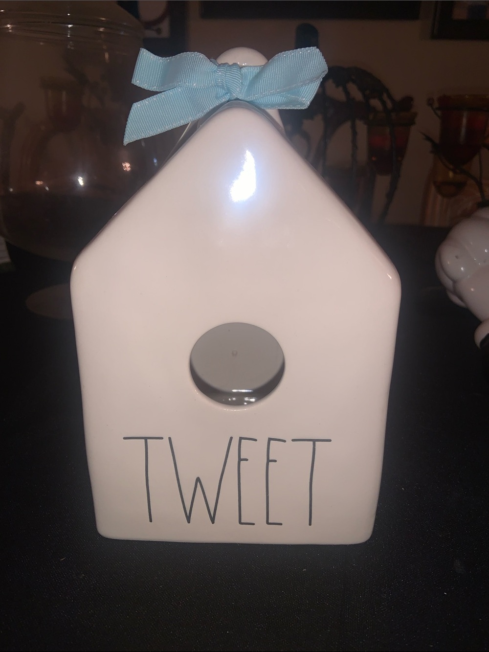 Rae Dunn White Ceramic Birdhouse with Light Blue Bow